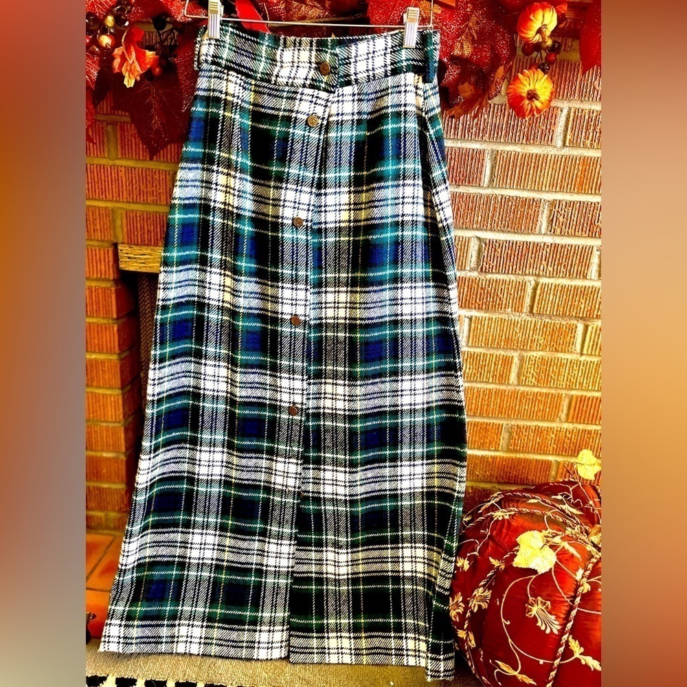 VINTAGE WOOL PLAID MAXI SKIRT WITH PLEATS